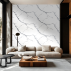 Modern luxury living room featuring a white marble wall panel with bold grey veining, paired with a curved beige sofa, wooden accents, and contemporary minimalist interior design.