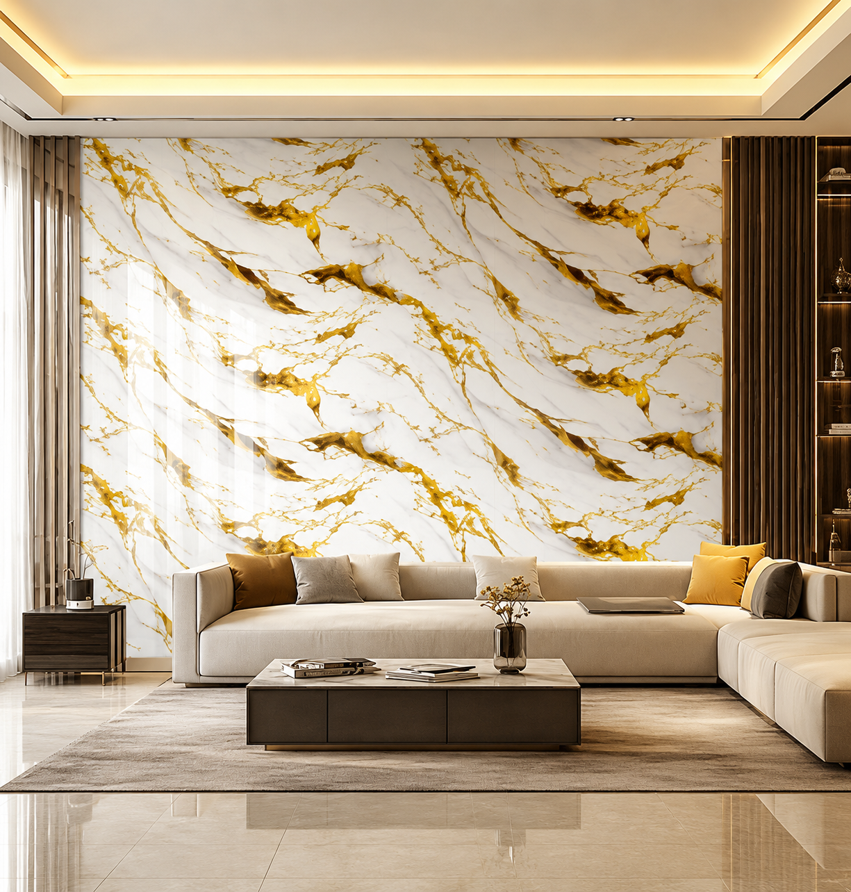 royal-white-gold-marble-wall-sticker Luxury white marble wall sticker with flowing metallic gold veining displayed as a premium decorative surface for modern interiors and feature walls.
