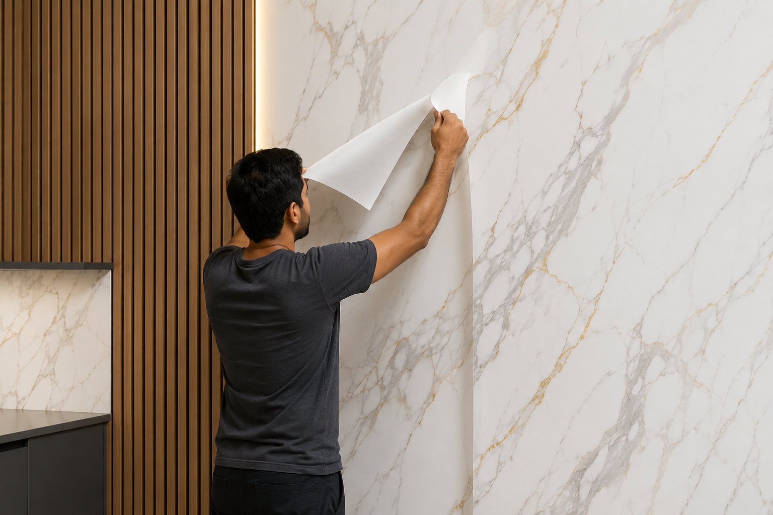 Professional installing a self-adhesive decorative wall sticker on a modern interior feature wall with a smooth, bubble-free finish.