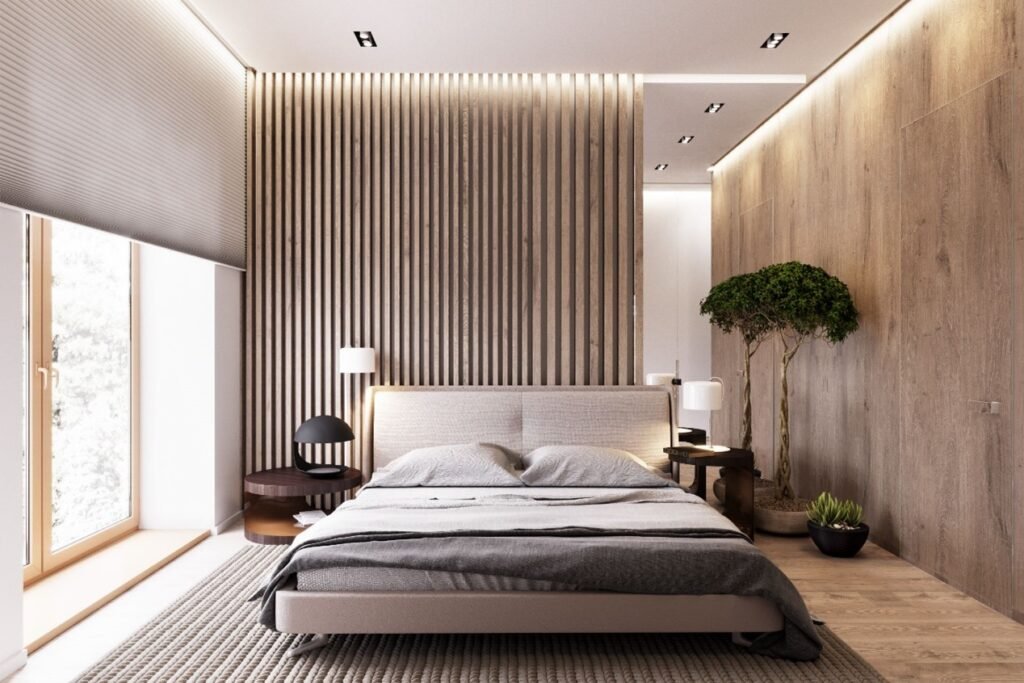 WPC wall panels for bedrooms in Pakistan with modern wood panel feature wall