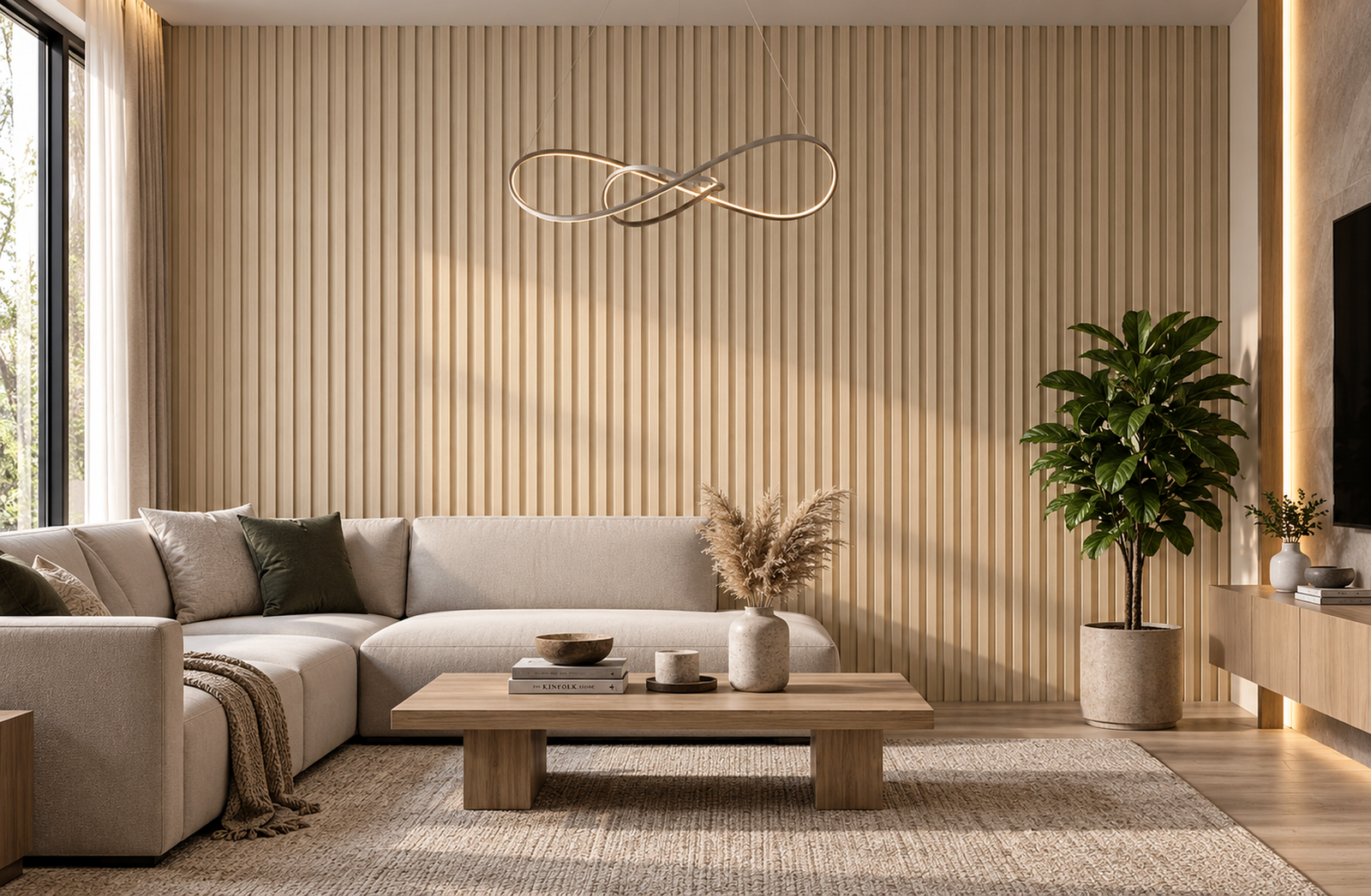 Ivory Beige Deep Fluted WPC Wall Panel product gallery image 1